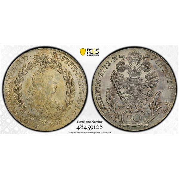 AUSTRIA: Joseph II, 1765-1780, AR 20 kreuzer, Hall, 1778-F, PCGS Unc