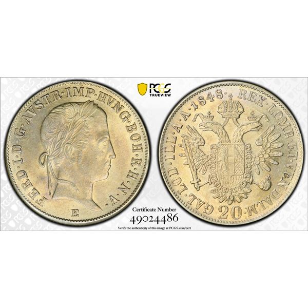 AUSTRIA: Ferdinand I, 1835-1848, AR 20 kreuzer, Karlsburg, Transylvania, 1848-E, PCGS MS62
