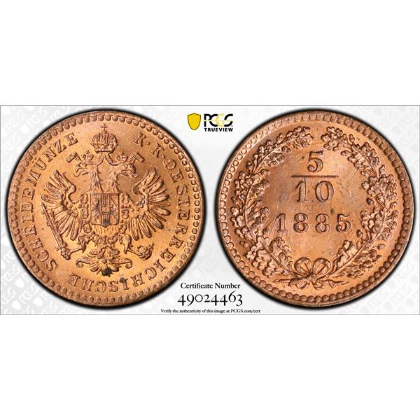 AUSTRIA: Franz Josef I, 1848-1916, AE 5/10 kreuzer, 1885, PCGS MS65 RD