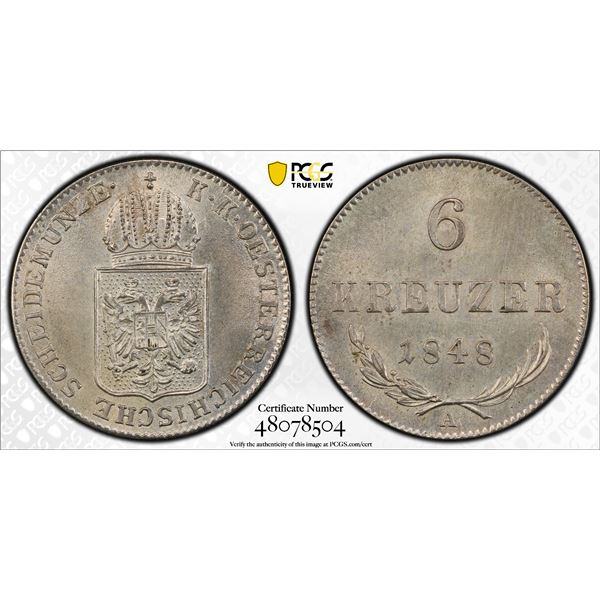 AUSTRIA: Franz Josef I, 1848-1916, BI 6 kreuzer, 1848-A, PCGS MS63