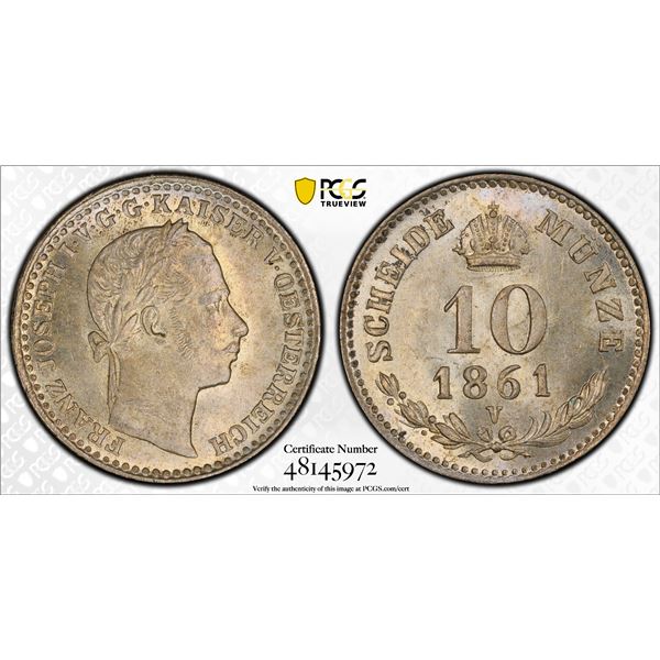 AUSTRIA: Franz Josef I, 1848-1916, AR 10 kreuzer, 1861-V, PCGS MS65