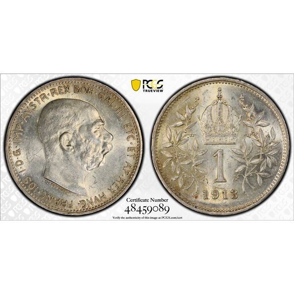 AUSTRIA: Franz Josef I, 1848-1916, AR corona, 1913, PCGS MS62