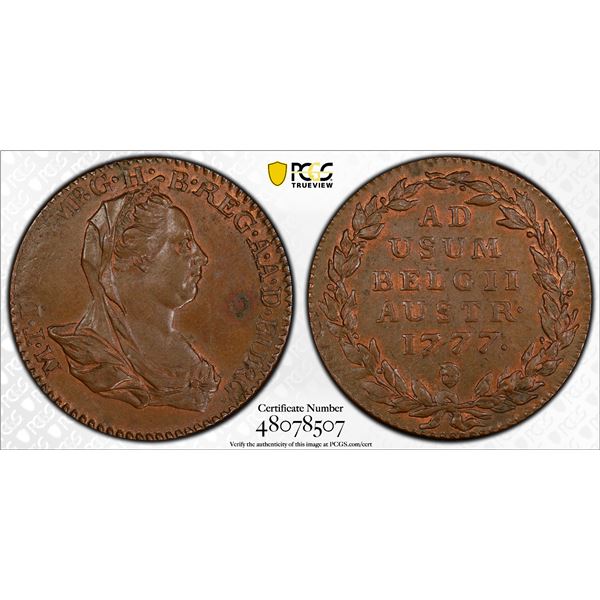 AUSTRIAN NETHERLANDS: Maria Theresa, 1740-1780, AE 2 liards, Brussels, 1777, PCGS UNC details