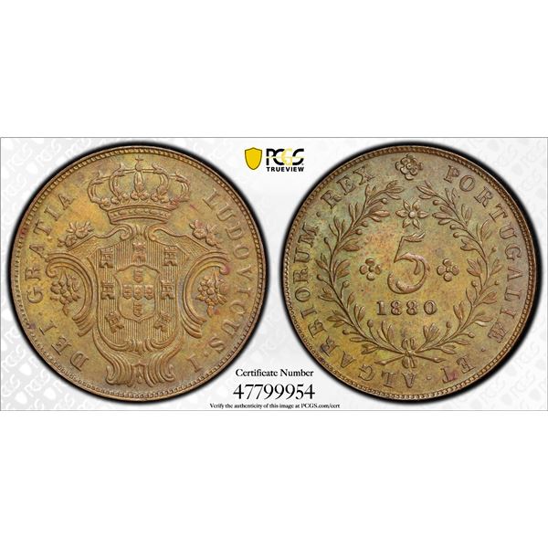 AZORES: Luiz I, 1861-1889, AE 5 reis, 1880, PCGS MS64 BN