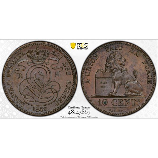 BELGIUM: Leopold I, 1831-1865, AE 10 centimes, 1849/39, PCGS UNC details