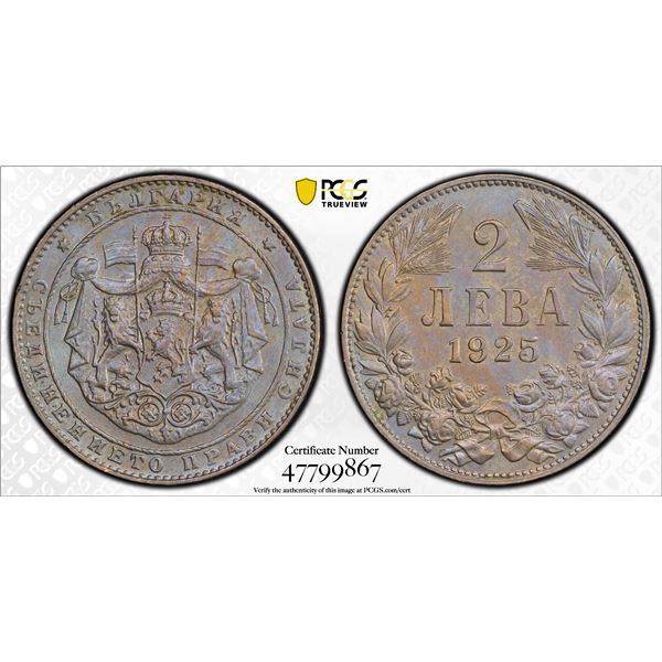 BULGARIA: Boris III, 1918-1943, 2 leva, 1925, PCGS MS63