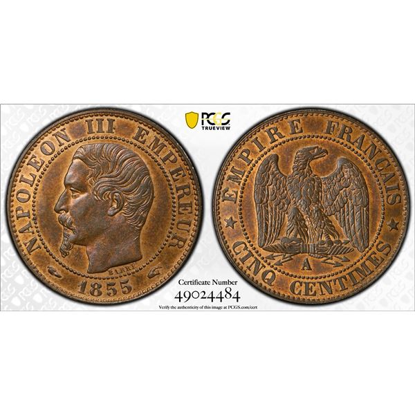 FRANCE: Napoleon III, 1852-1870, AE 5 centimes, 1855-A, PCGS MS64 RB