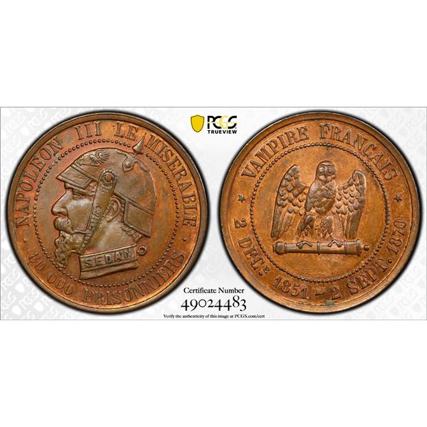 FRANCE: Napoleon III, 1852-1870, AE medal, 1870, PCGS MS64 RB