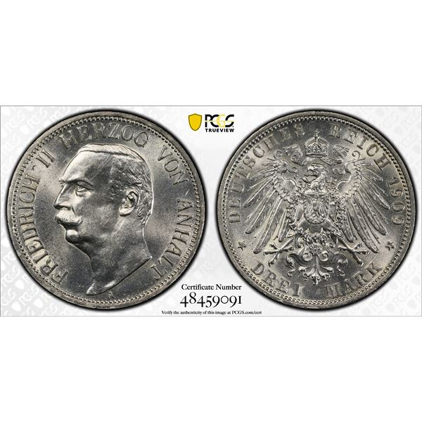 GERMANY: ANHALT-DESSAU: Friedrich II, 1901-1918, AR 3 mark, 1909-A, PCGS UNC details
