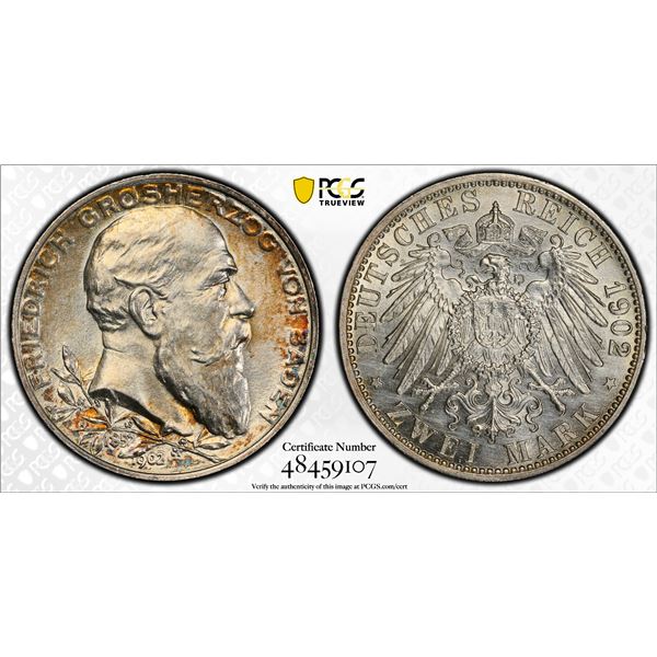 GERMANY: BADEN: Friedrich I, 1856-1907, AR 2 mark, 1902, PCGS UNC details