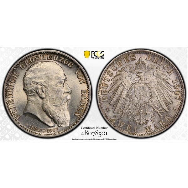 GERMANY: BADEN: Friedrich II, 1907-1918, AR 2 mark, 1907, PCGS MS65