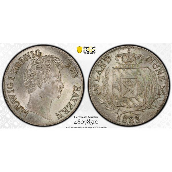 GERMANY: BAVARIA: Ludwig I, 1825-1848, BI 6 kreuzer, 1835, PCGS MS64