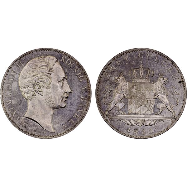 GERMANY: BAVARIA: Maximilian II, 1848-1864, AR 2 gulden, 1851, AU