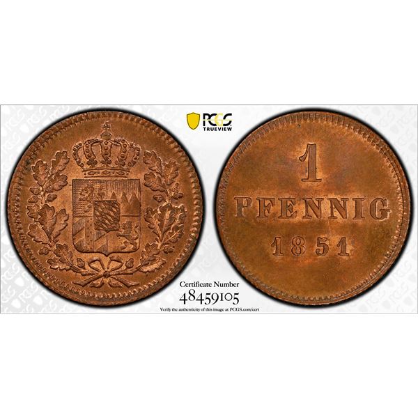 GERMANY: BAVARIA: Maximilian II, 1848-1864, AE pfennig, 1851, PCGS MS65 RB