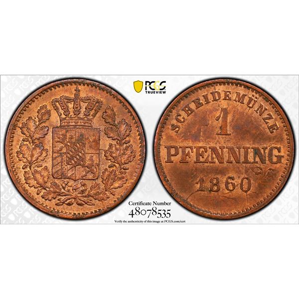 GERMANY: BAVARIA: Maximilian II, 1848-1864, AE pfennig, 1860, PCGS MS64 RB