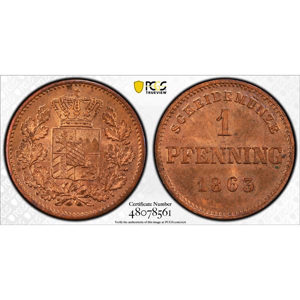 GERMANY: BAVARIA: Maximilian II, 1848-1864, AE pfennig, 1863, PCGS MS65 RB