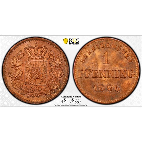 GERMANY: BAVARIA: Ludwig II, 1864-1886, AE pfennig, 1866, PCGS MS65 RD