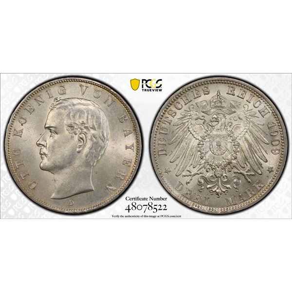 GERMANY: BAVARIA: Otto, 1886-1913, AR 3 mark, 1909-D, PCGS MS64