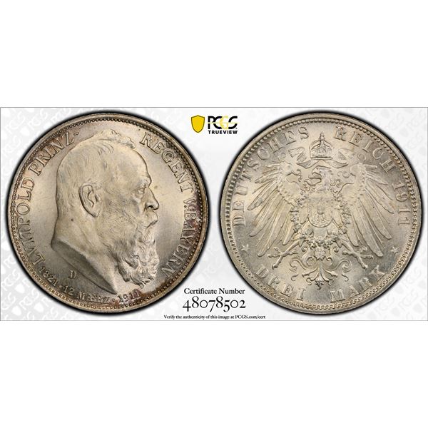 GERMANY: BAVARIA: Otto, 1886-1913, AR 3 mark, 1911-D, PCGS MS65