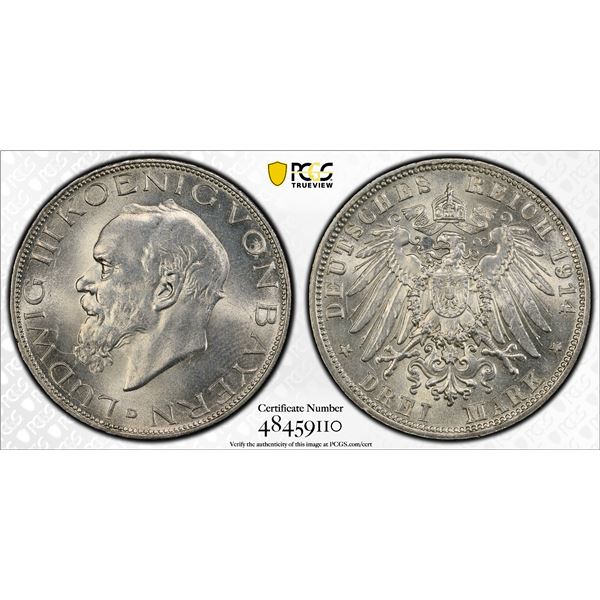 GERMANY: BAVARIA: Ludwig III, 1913-1918, AR 3 mark, 1914-D, PCGS UNC details