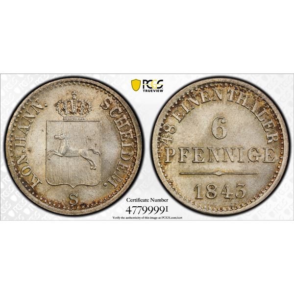 GERMANY: HANOVER: Ernest August, 1837-1846, AR 6 pfennige, 1843, PCGS MS66
