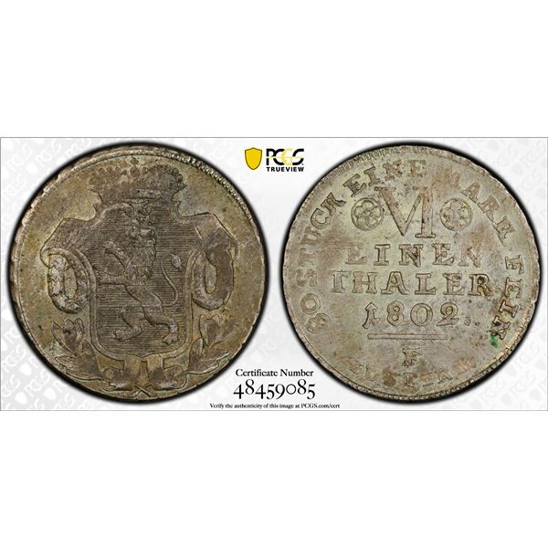 GERMANY: HESSE-CASSEL: Wilhelm IX, 1785-1803, AR 1/6 thaler, 1802-F, PCGS AU58