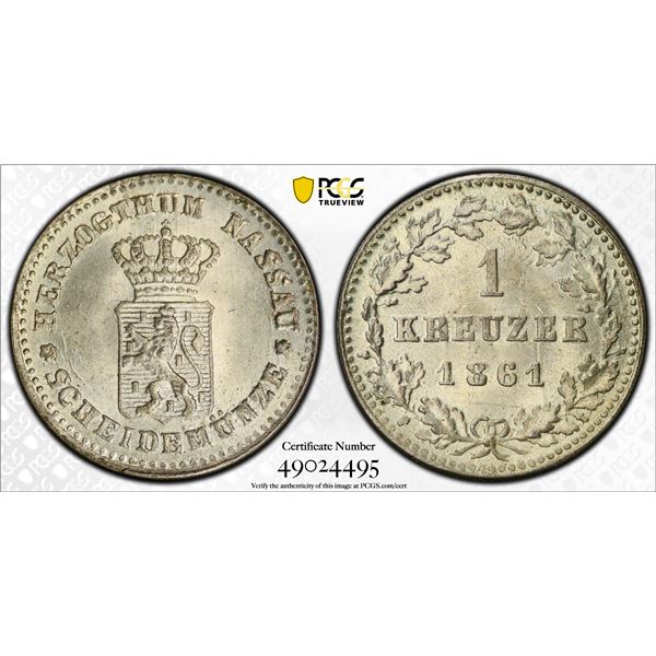 GERMANY: NASSAU: Adolf, 1839-1866, AR kreuzer, 1861, PCGS MS66