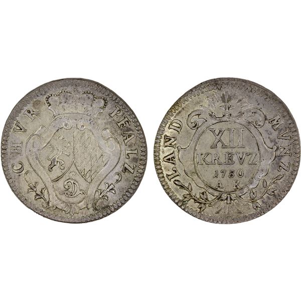 GERMANY: PFALZ: Karl Theodor, 1743-1799, AR 12 Kreuzer, 1750, AU