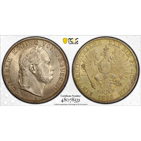 GERMANY: PRUSSIA: Wilhelm I, 1861-1888, AR vereinsthaler, 1866-A, PCGS MS62