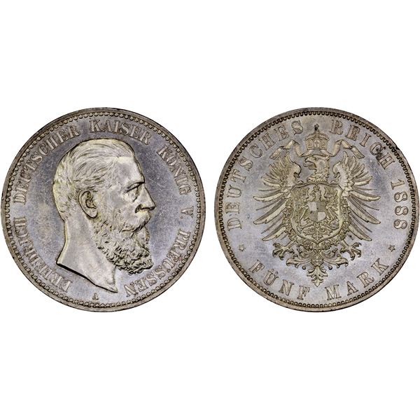GERMANY: PRUSSIA: Friedrich III, 1888, AR 5 mark, 1888-A, UNC