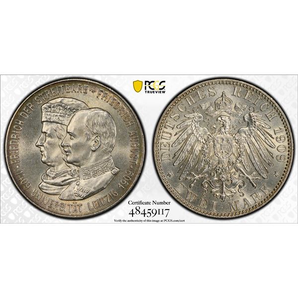 GERMANY: SAXONY: Friedrich August III, 1904-1918, AR 2 mark, 1909, PCGS MS64