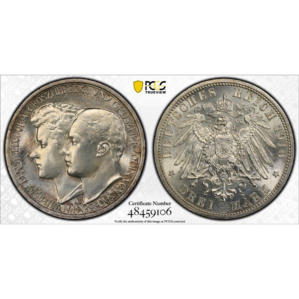GERMANY: SAXE-WEIMAR-EISENACH: Wilhelm Ernst, 1901-1918, AR 3 mark, 1910-A, PCGS UNC details
