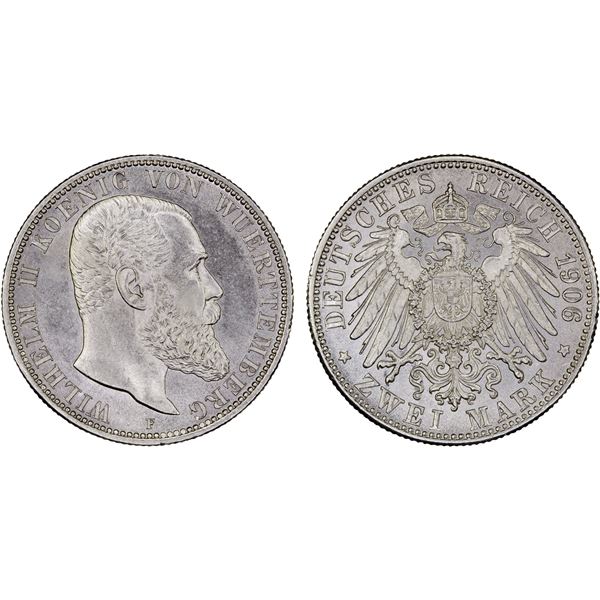 GERMANY: WÜRTTEMBERG: Wilhelm II, 1891-1918, AR 2 mark, 1906-F, UNC