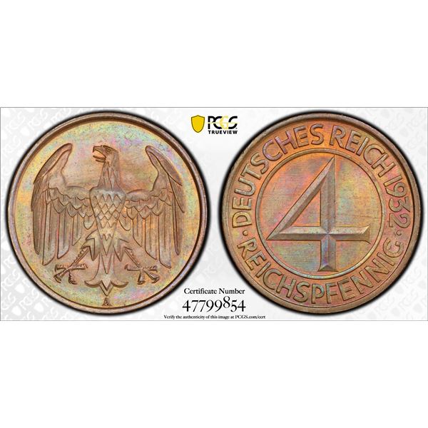 GERMANY: Weimar Republic, AE 4 reichspfennig, 1932-A, PCGS MS65 BN