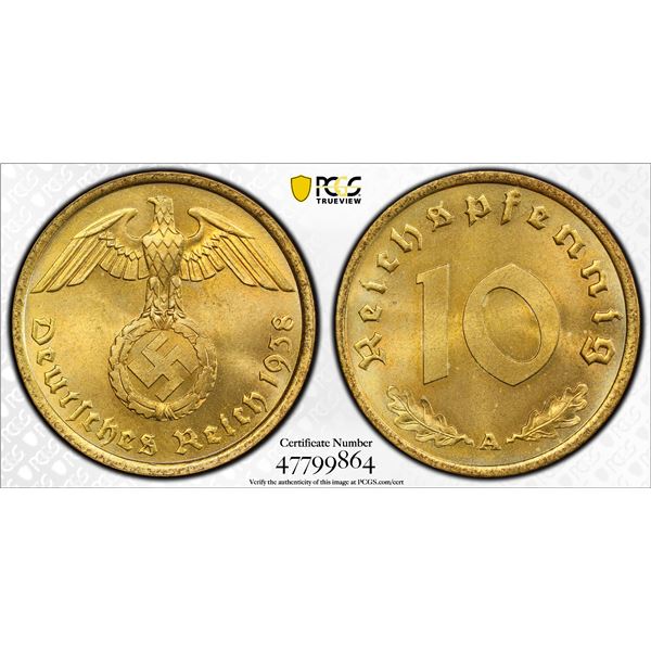 GERMANY: Thrid Reich, 10 reichspfennig, 1938-A, PCGS MS66