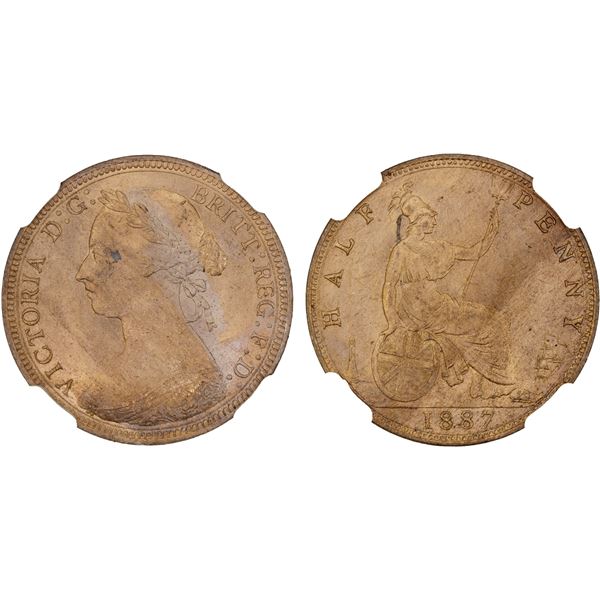GREAT BRITAIN: Victoria, 1837-1901, AE halfpenny, 1887, NGC MS64 RD