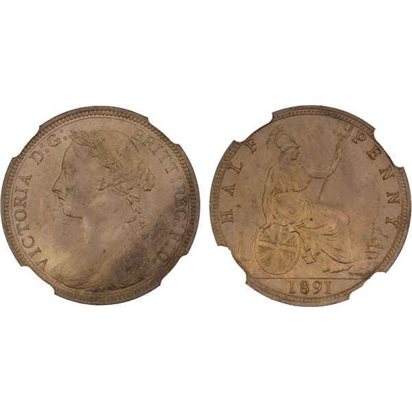 GREAT BRITAIN: Victoria, 1837-1901, AE halfpenny, 1891, NGC MS65 RB