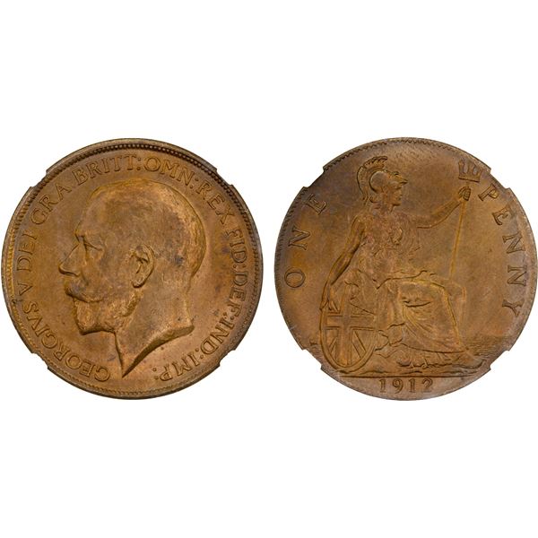 GREAT BRITAIN: George V, 1910-1936, AE penny, 1912, NGC MS64 RB