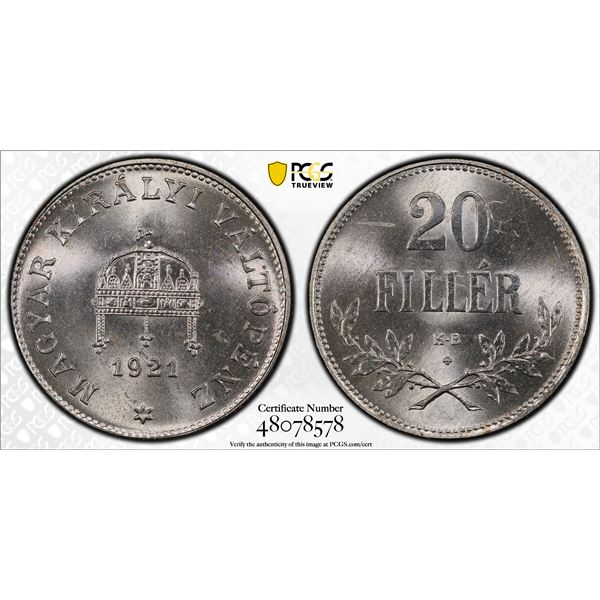 HUNGARY: Karl I, 1916-1918, 20 fillér, 1921-KB, PCGS Proof 65