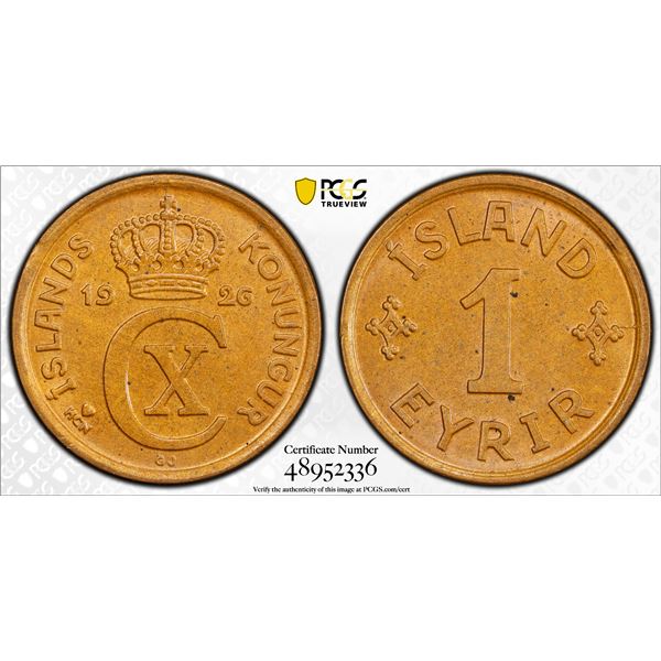 ICELAND: Christian X, 1918-1944, AE eyrir, 1926, PCGS MS64 BN
