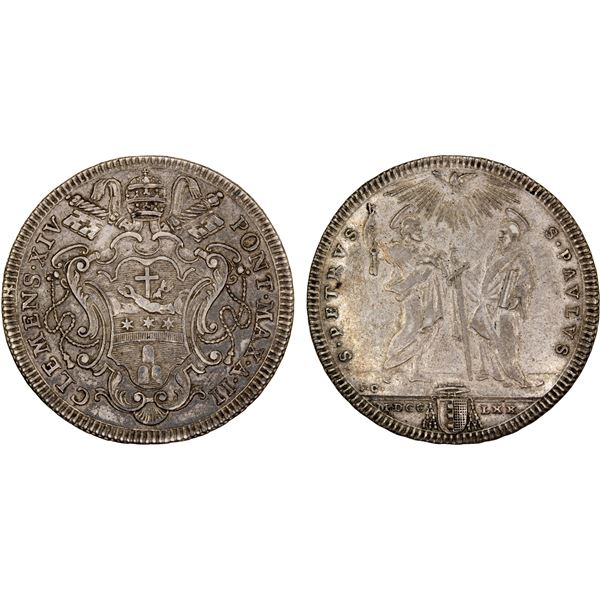 ITALY: PAPAL STATES: Clement XIV, 1769-1774, AR testone, 17700, About XF
