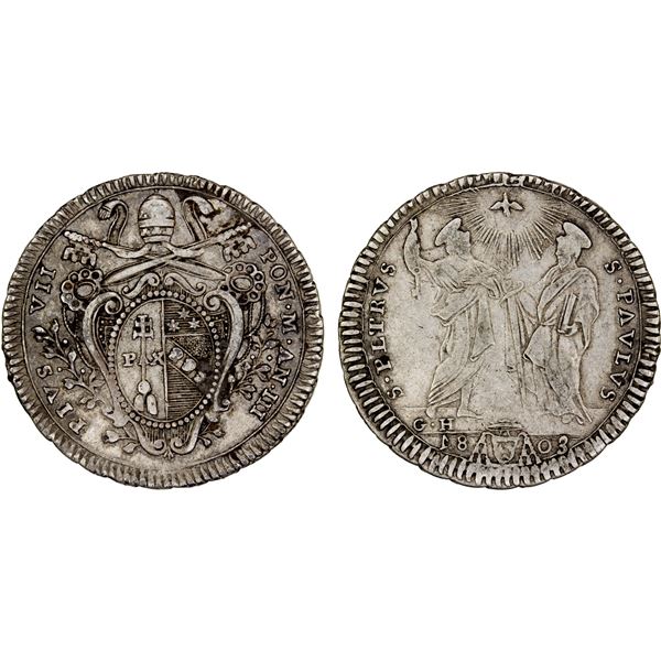 ITALY: PAPAL STATES: Pius VII, 1800-1823, AR testone, 1803, VF