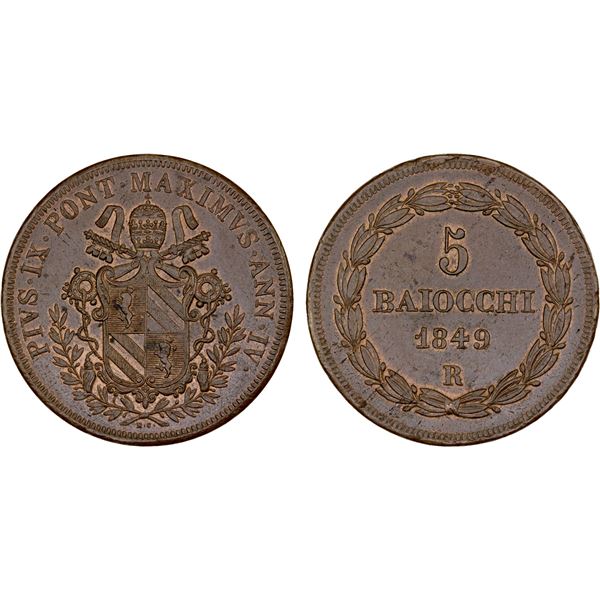 ITALY: PAPAL STATES: Pius IX, 1846-1870, AE 5 baiocchi, 1849-R, AU