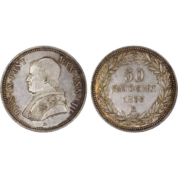ITALY: PAPAL STATES: Pius IX, 1846-1878, AR 50 baiocchi, 1853-VIIIR, AU