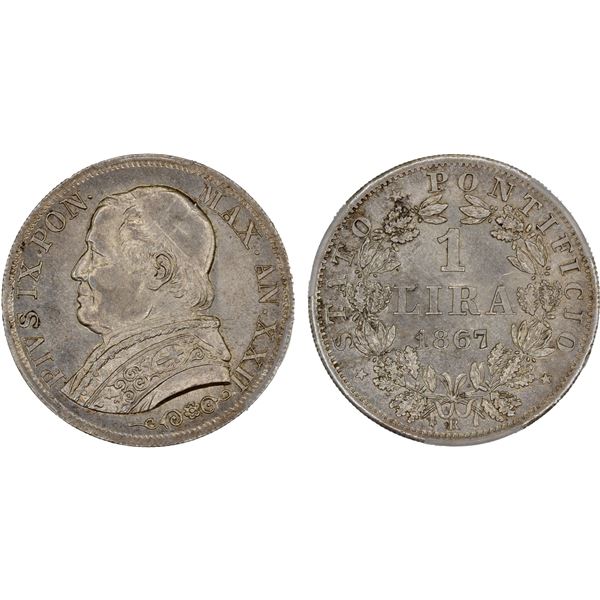 ITALY: PAPAL STATES: Pius IX, 1846-1878, AR lira, 1867 year XXII-R, PCGS UNC details