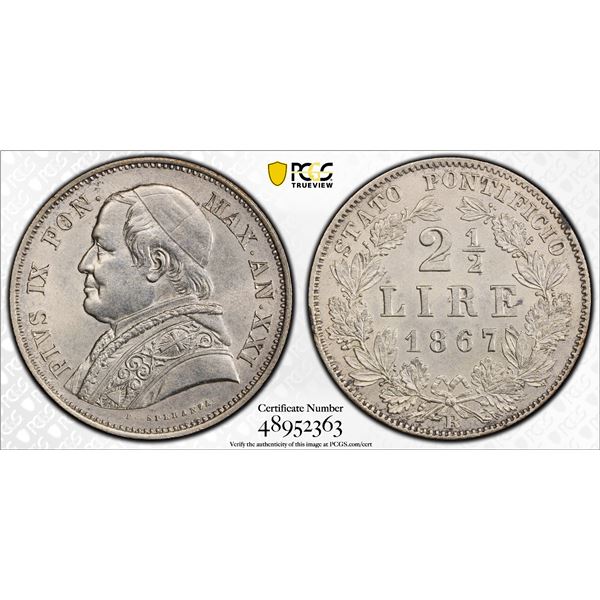 ITALY: PAPAL STATES: Pius IX, 1846-1878, AR 2½ lire, 1867-R year XXI, PCGS AU details