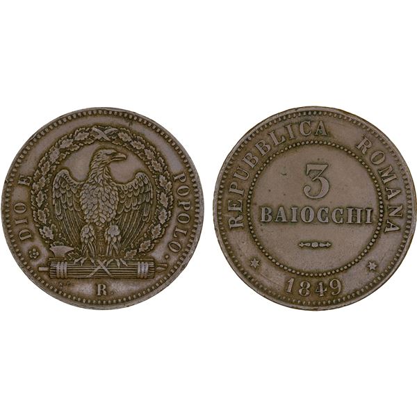 ITALY: ROMAN REPUBLIC: Second Republic, 1848-1849, AE 3 baiocchi, 1849-R, XF-AU