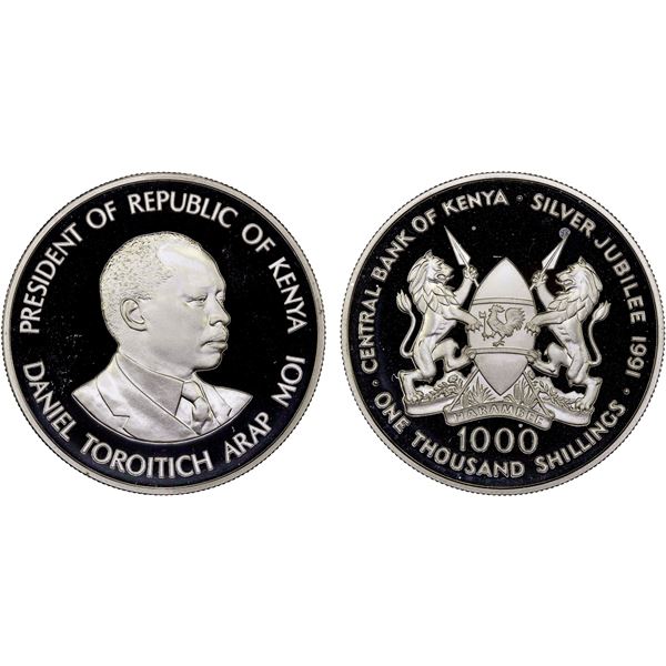 KENYA: Republic, AR 1000 shillings, 1991, Choice Proof
