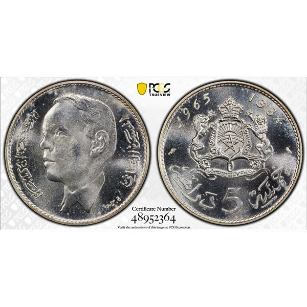 MOROCCO: al-Hassan II, 1961-1999, AR 5 dirhams, 1965/AH1384, PCGS MS65