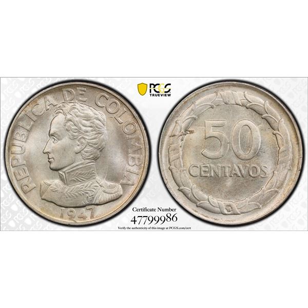 COLOMBIA: Republic, AR 50 centavos, 1947/6, PCGS MS66